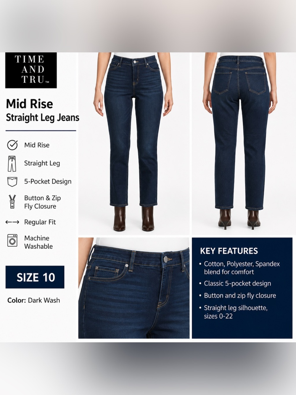 NWT Time and Tru Women’s Jeans Dark Wash Straight Leg Size 10